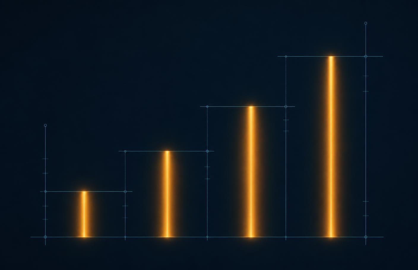 Four ascending amber columns measured by cyan gridlines, representing GHIA's fixed output contract: executive takeaway, structured reasoning, options and tradeoffs, recommendation