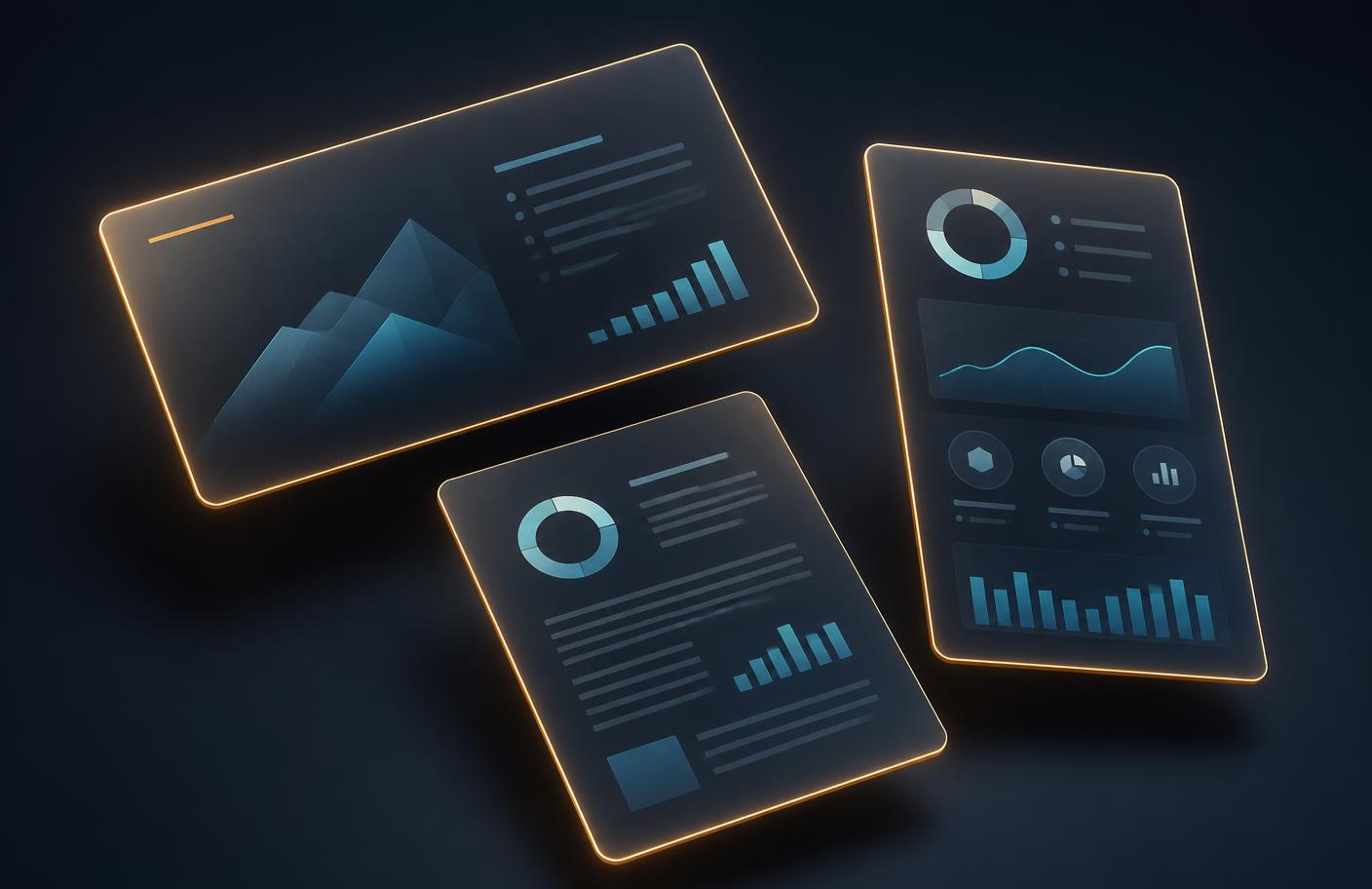 GHIA deliverables rendered as three glowing enterprise artifacts: a PowerPoint slide, a Word memorandum page and a PNG infographic data panel