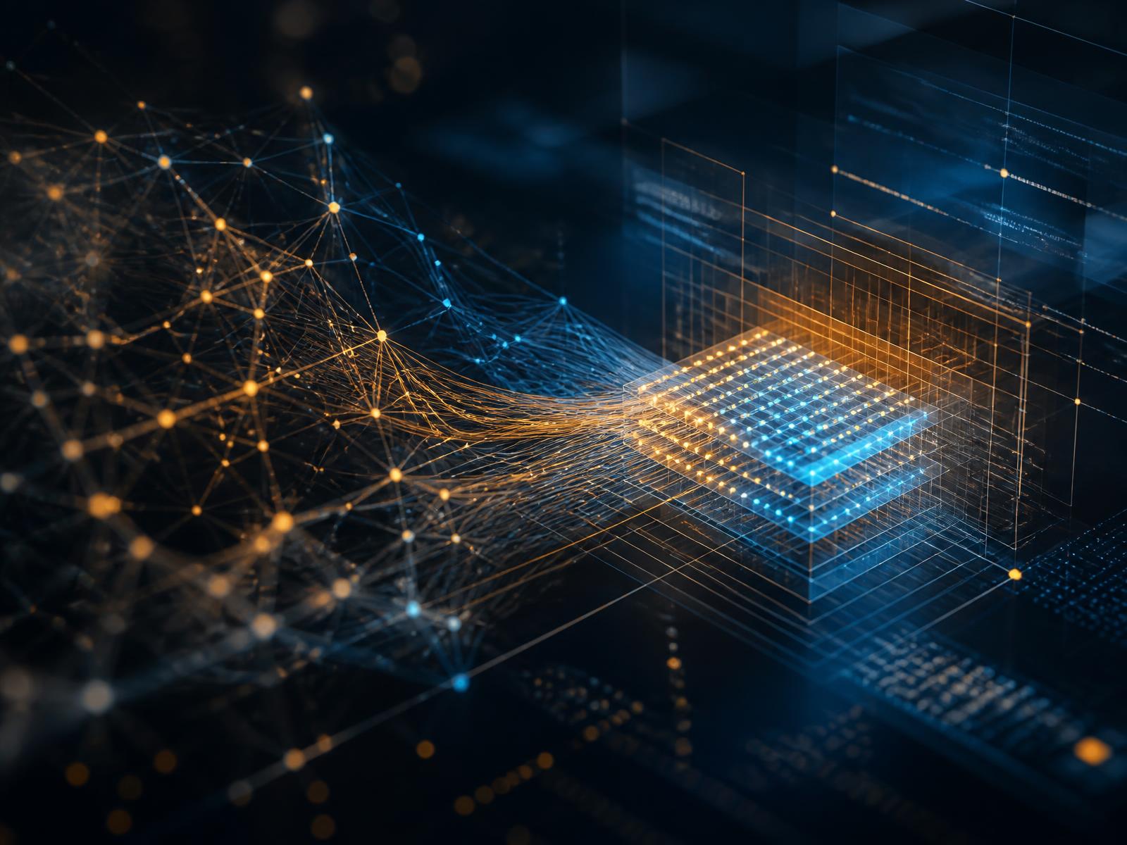 GHIA governed reasoning visualised as amber and cyan data nodes converging from scattered signals into an ordered enterprise grid
